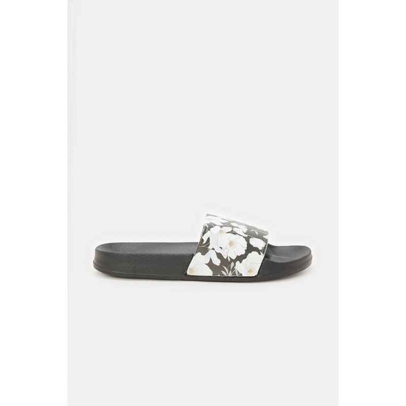 Women Black Floral Printed Slide