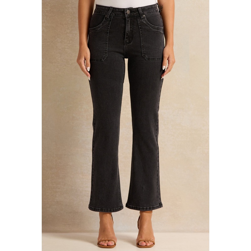 Women Grey Front Pocket Flared Jeans