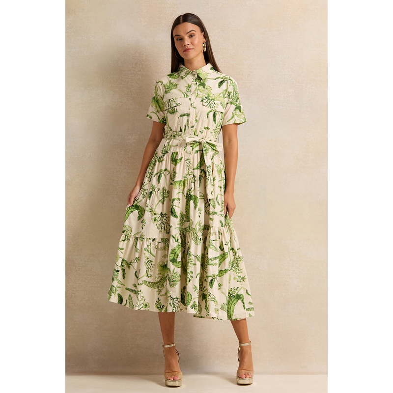 Women Ivory Printed Tiered Shirt Dress