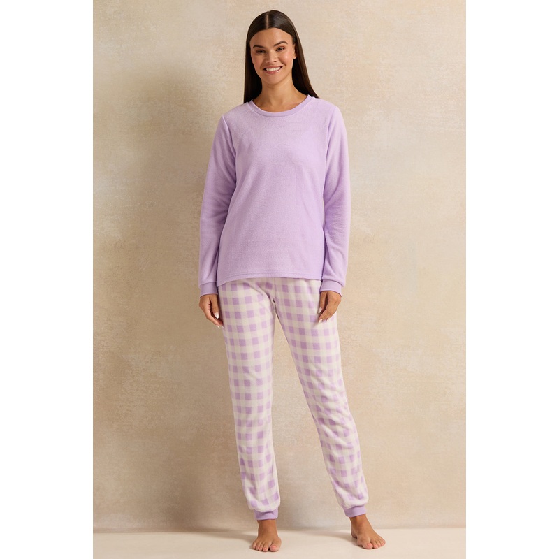 Women Lilac And White Checkered Pajama Set (2 Piece)