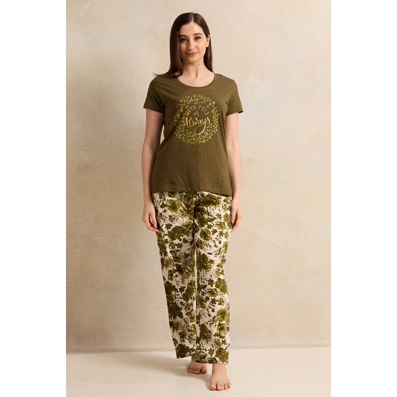Women Olive Printed Pyjama Set (2 Piece)
