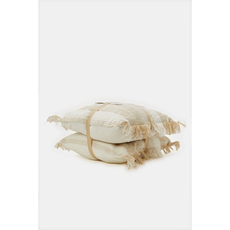 Beige Jacquard Woven Cushion With Filling Set (2 Piece)