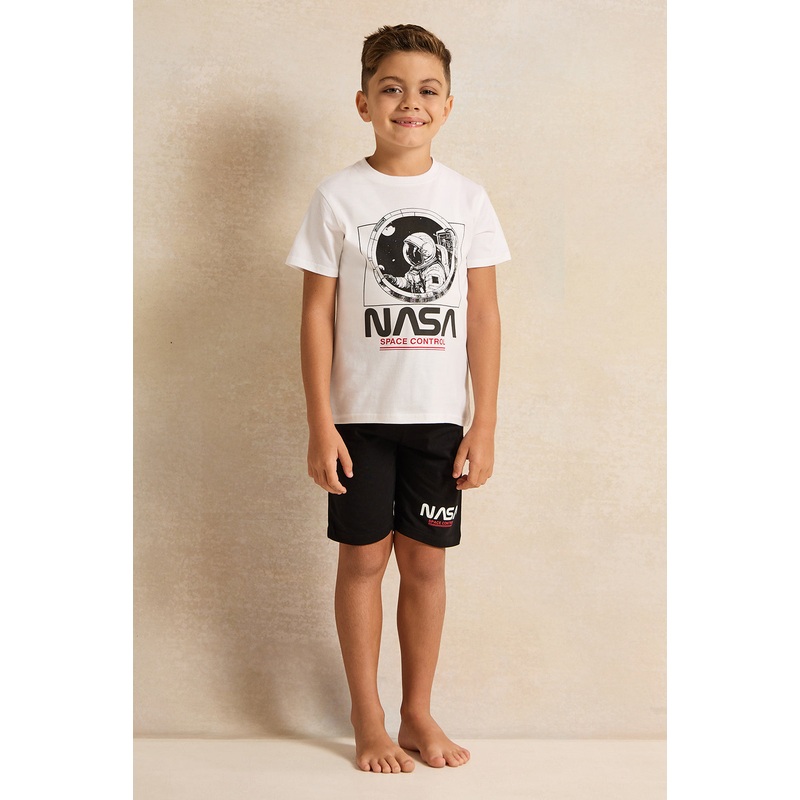 Boys White And Black Nasa Printed Pyjama Set (2 Piece)