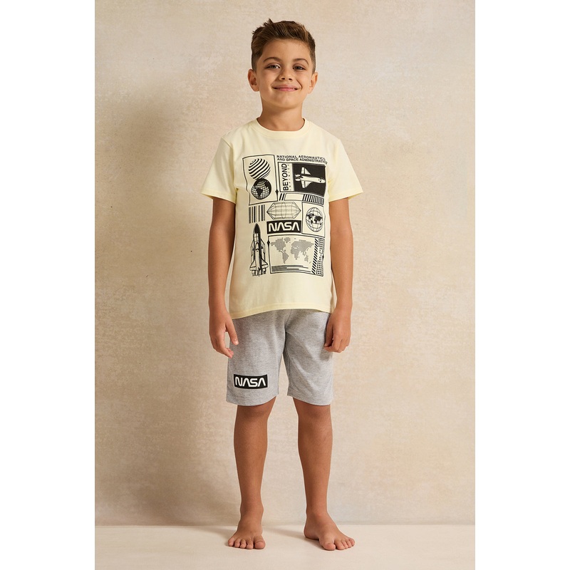 Boys Yellow And Grey Nasa Printed Pyjama Set (2 Piece)