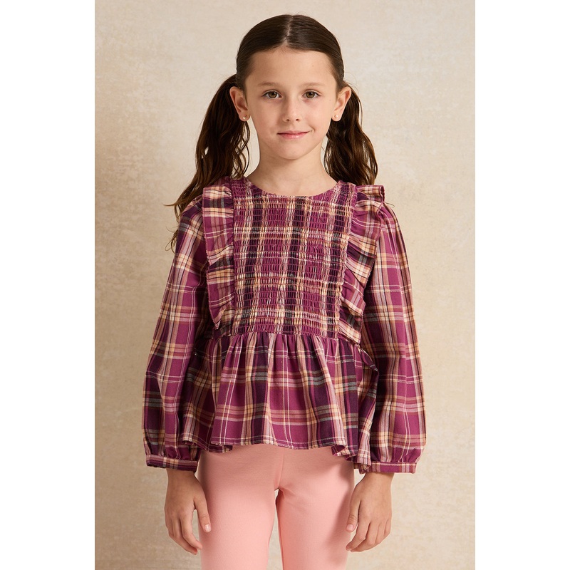 Girls Purple Checkered Blouse With Frills At Shoulder