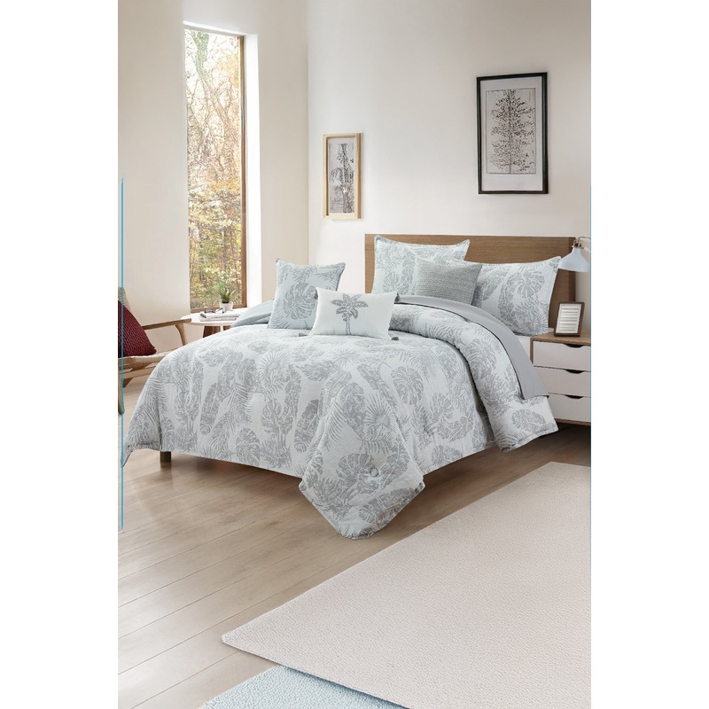 Grey 7 Piece Palm Leaves Jacquard Comforter Set (King Size)