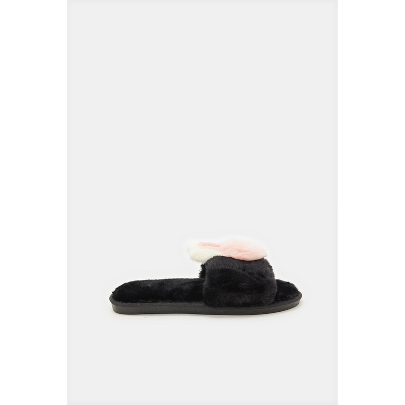Women Black Bunny Trim Slipper