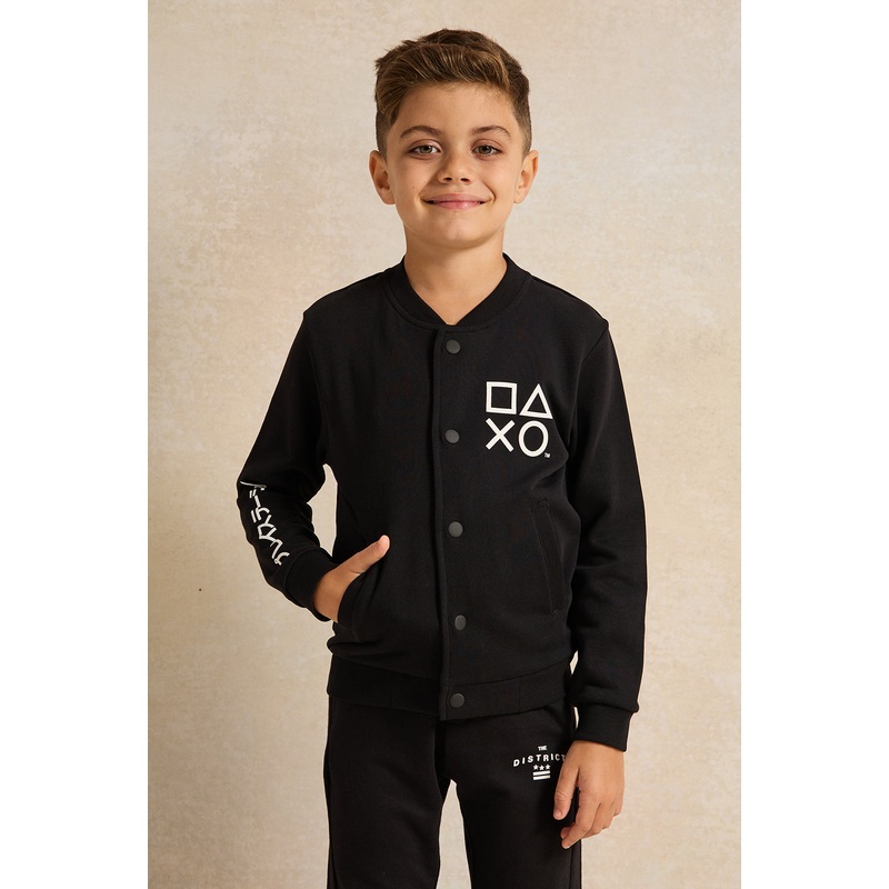 Boys Black Printed Front Button Sweatshirt