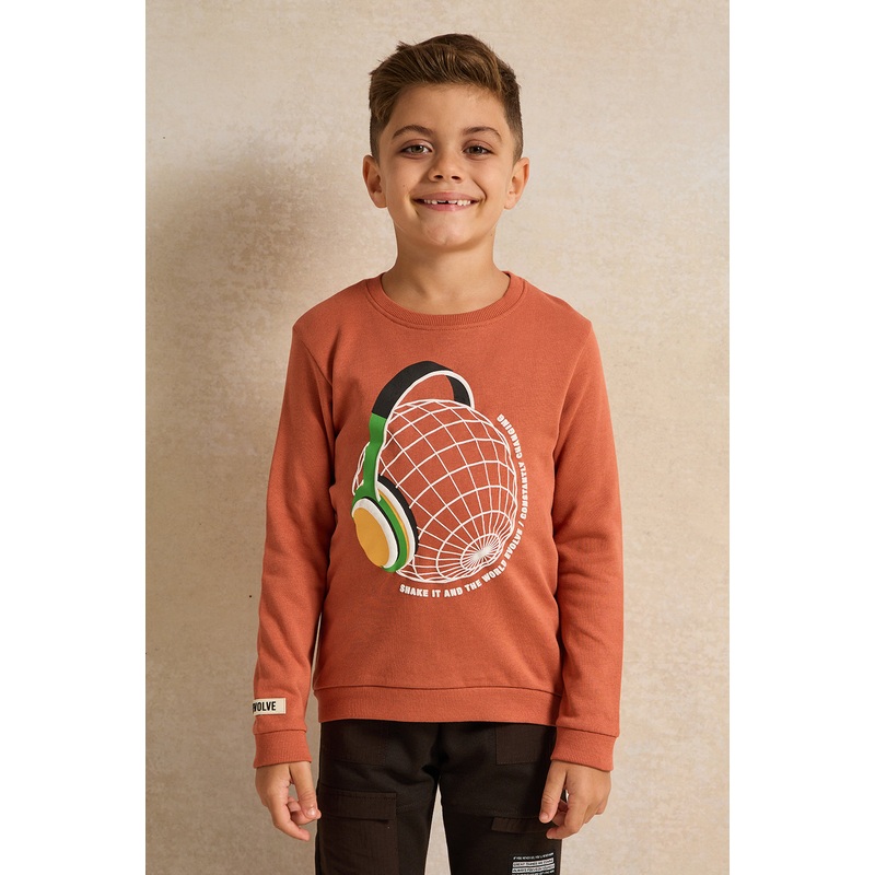 Boys Orange Crew Neck Printed  Sweatshirt