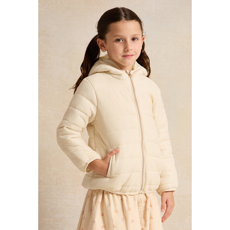Girls Beige Padded Hooded Jacket