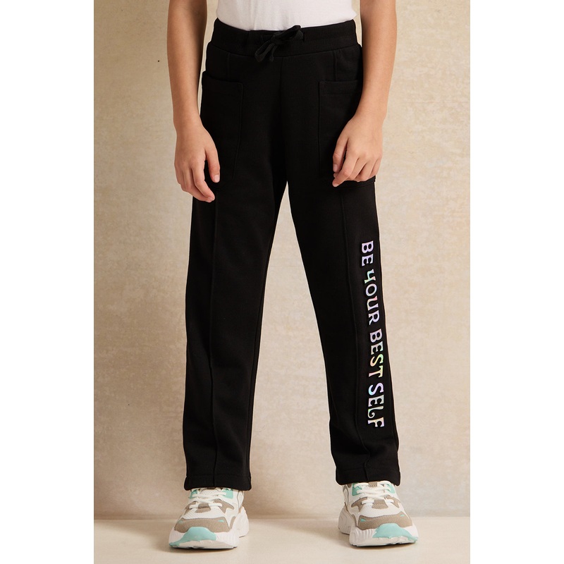 Girls Black Printed Track Pants