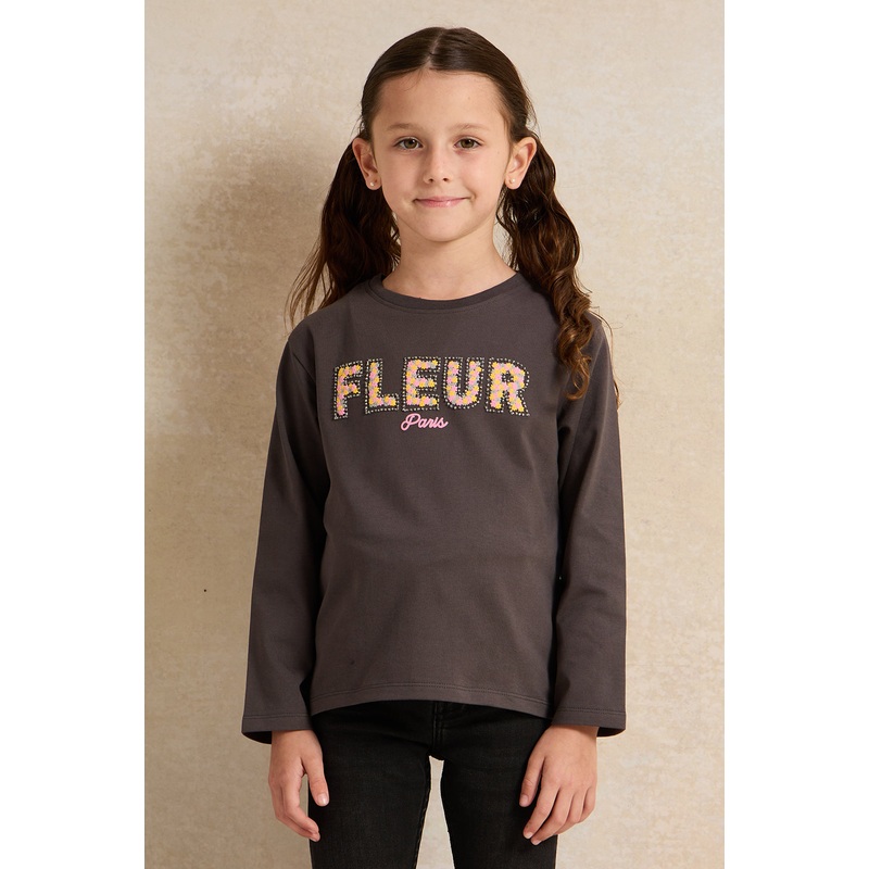 Girls Charcoal Beads Embroidered T-Shirt