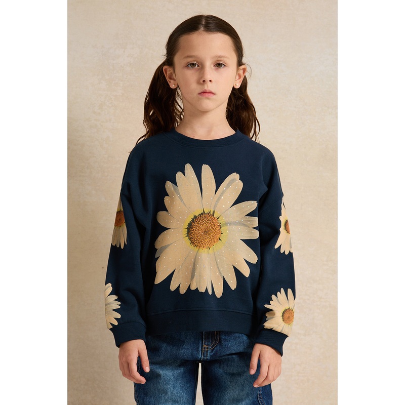 Girls Navy Flower Printed Sweatshirt