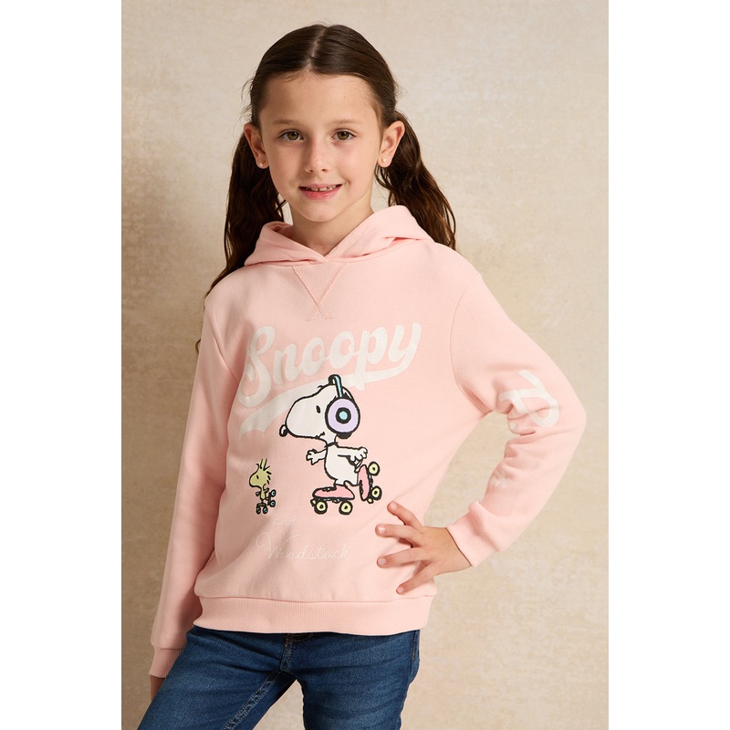 Girls Pink Snoopy Print Hooded Sweatshirt
