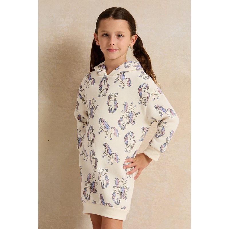Girls White Pony Hooded Sweatshirt Dress