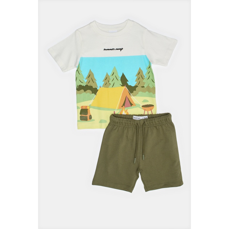 Infant Boys Olive And White Camping Print Casual Set (2 Piece)