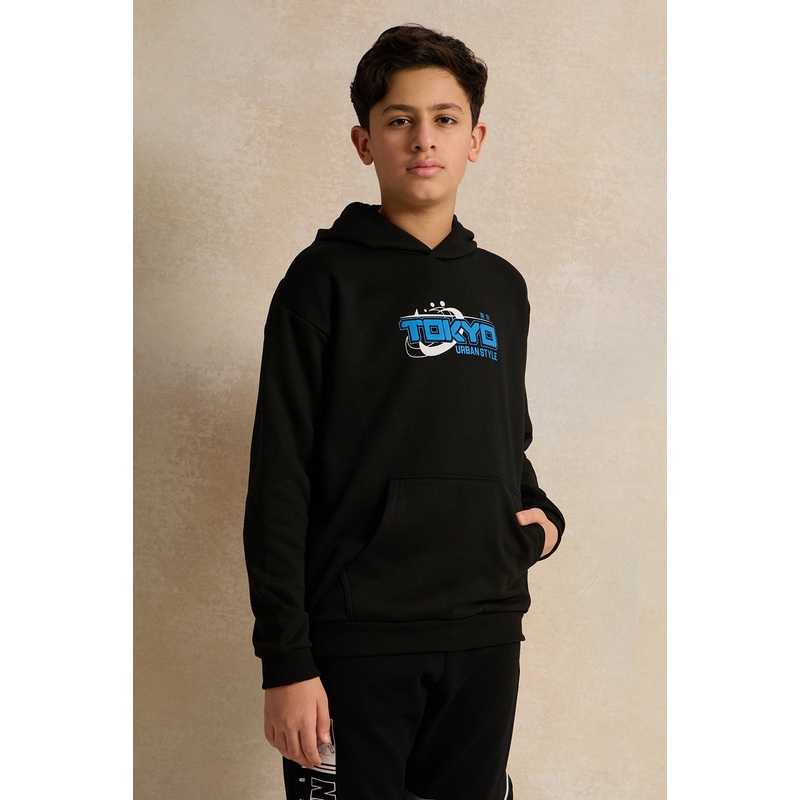 Senior Boys Black Kangaroo Pocket Oversize Sweatshirt