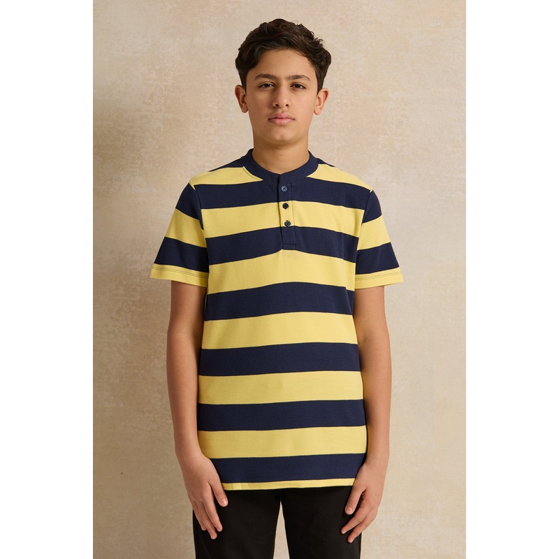 Senior Boys Yellow And Navy Striped Polo Shirt