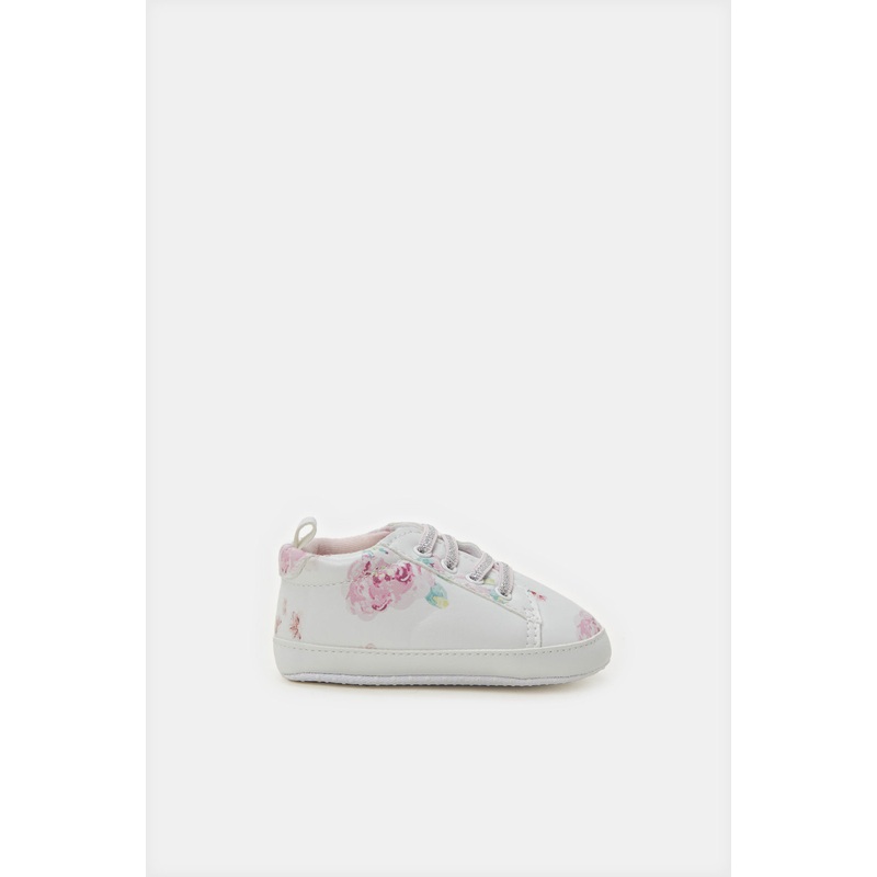 Baby White Flower Print Pram Shoe