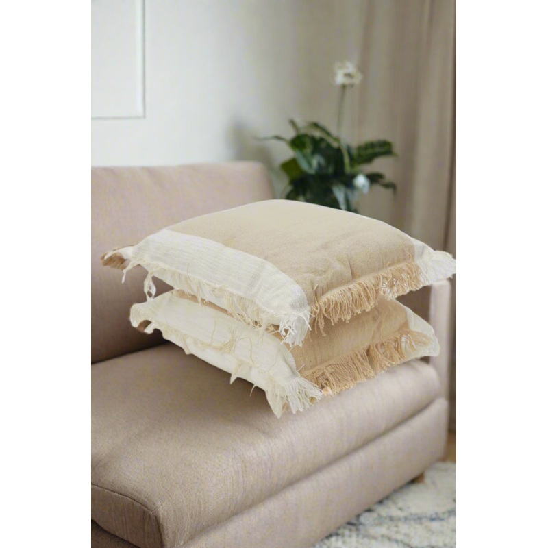 Beige Textured Woven Cushion With Filling Set (Pack Of 2)