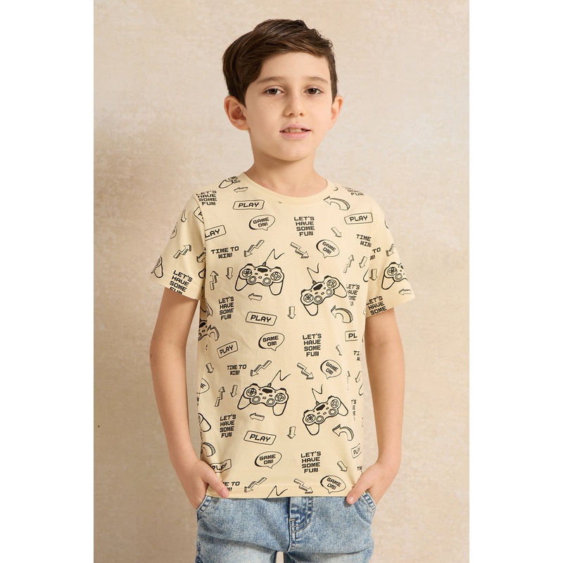 Boys Beige Game Print T-Shirt|2-3 Years|3-4 Years|4-5 Years|5-6 Years|6-7 Years|7-8 Years