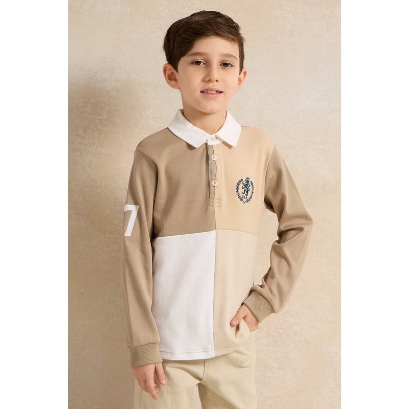 Boys Beige Long Sleeve Polo T-Shirt