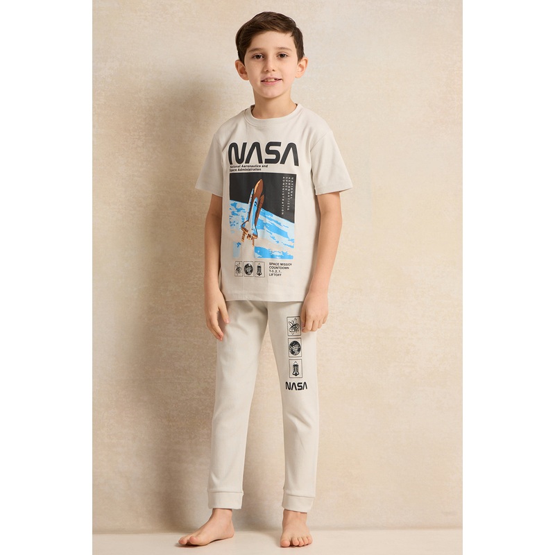 Boys Beige Nasa Print Pyjama Set (2 Piece)