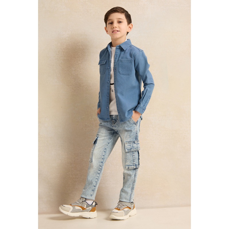 Boys Blue And White Shirt With T-Shirt Set (2 Piece)