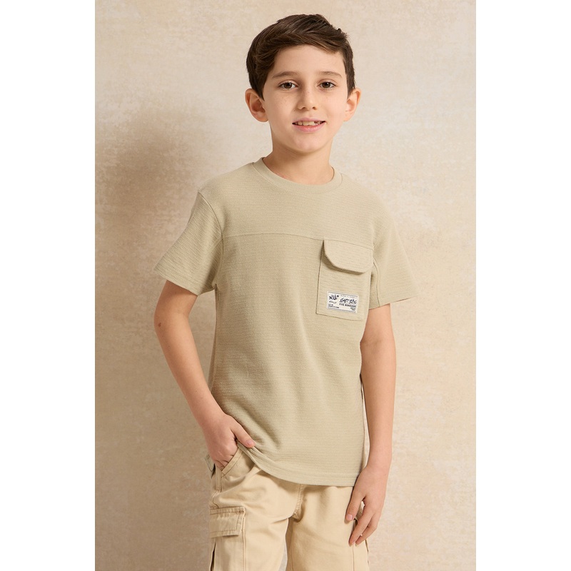 Boys Green Pocket Paneled Short Sleeve T-Shirt