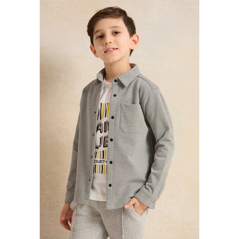 Boys Grey And White Shirt With T-Shirt Set (2 Piece)