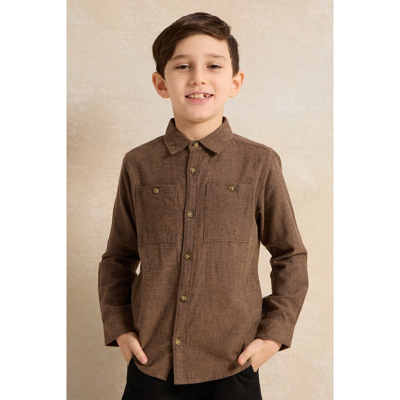 Boys Solid Beige Double Pocket Flannel  Shirt