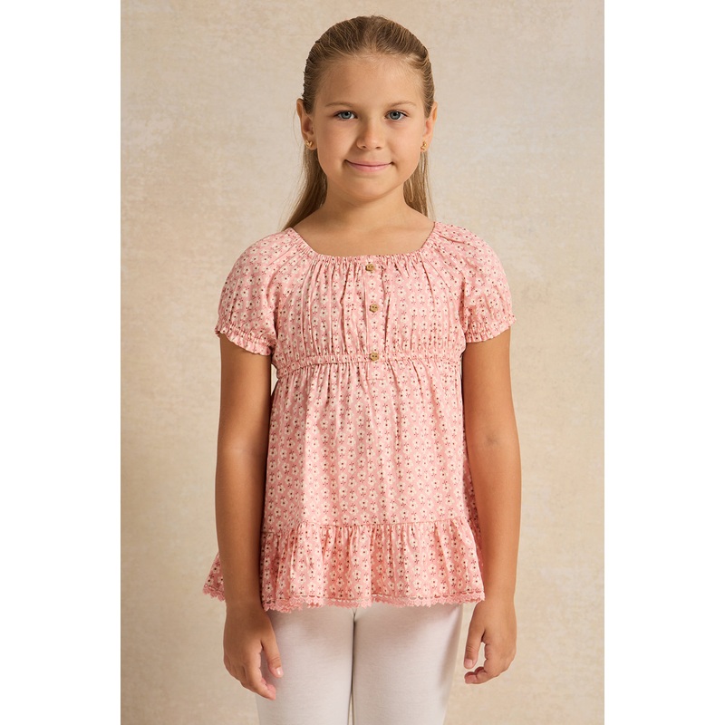 Girls Pink Allover Print Satin Blouse