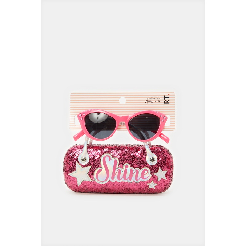 Girls Pink Cat Sunglasses With Embellished Case (2 Piece)