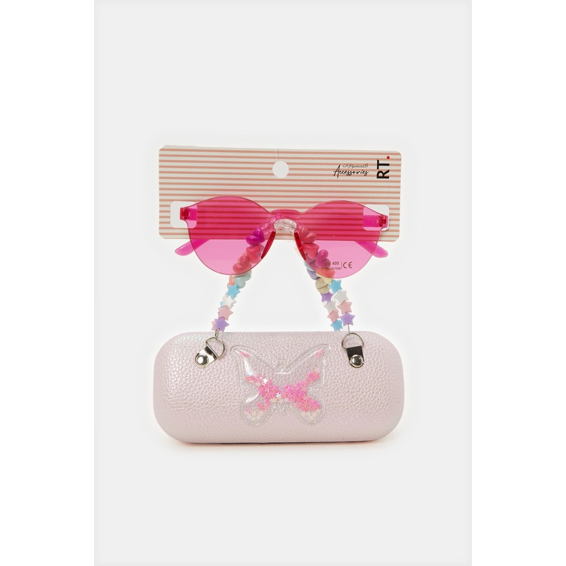 Girls Pink Round Sunglasses With Embellished Case (2 Piece)