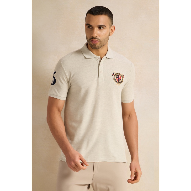 Men Ecru Badge Polo Shirt|Small|Medium|Large|X-Large|XX-Large
