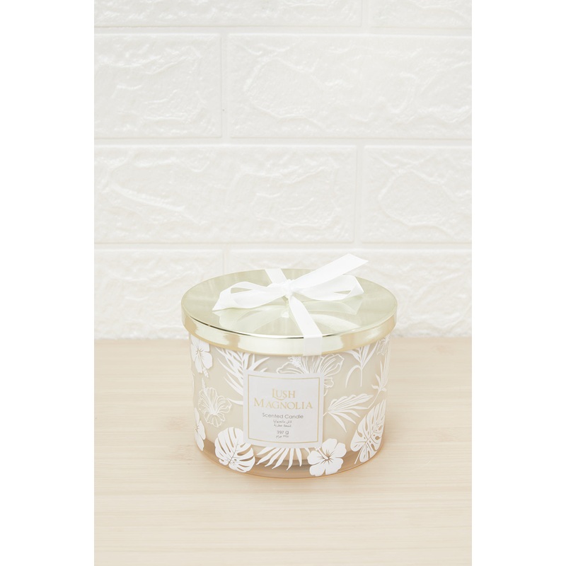 White Lush Mangnolia Printed Glass Candle With Lid (M)