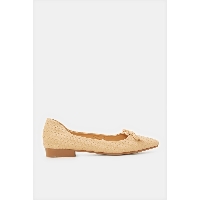 Women Beige Embossed Bow Trim Ballerina