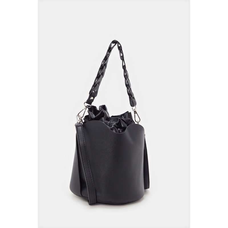 Women Black Embellished Handle Bucket Bag