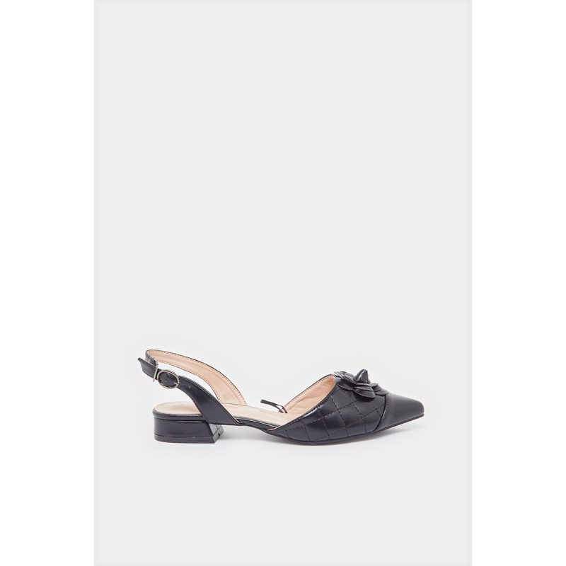 Women Black Flower Trim Slingback
