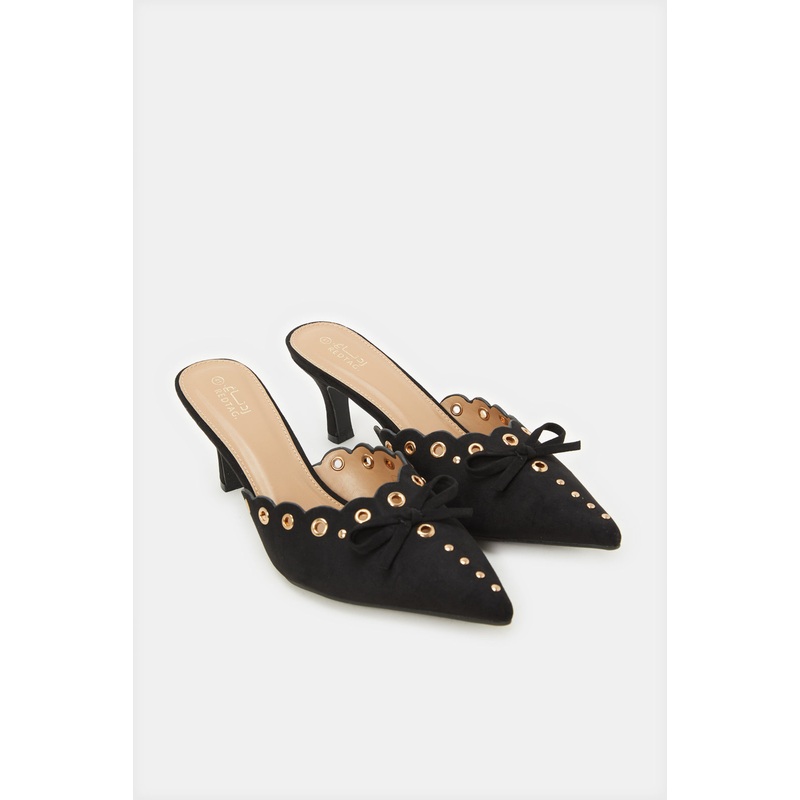 Women Black Mule With Eyelet Trim Heels