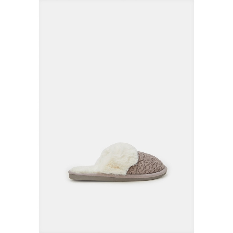 Women Brown Chenille Fur Trim Slipper