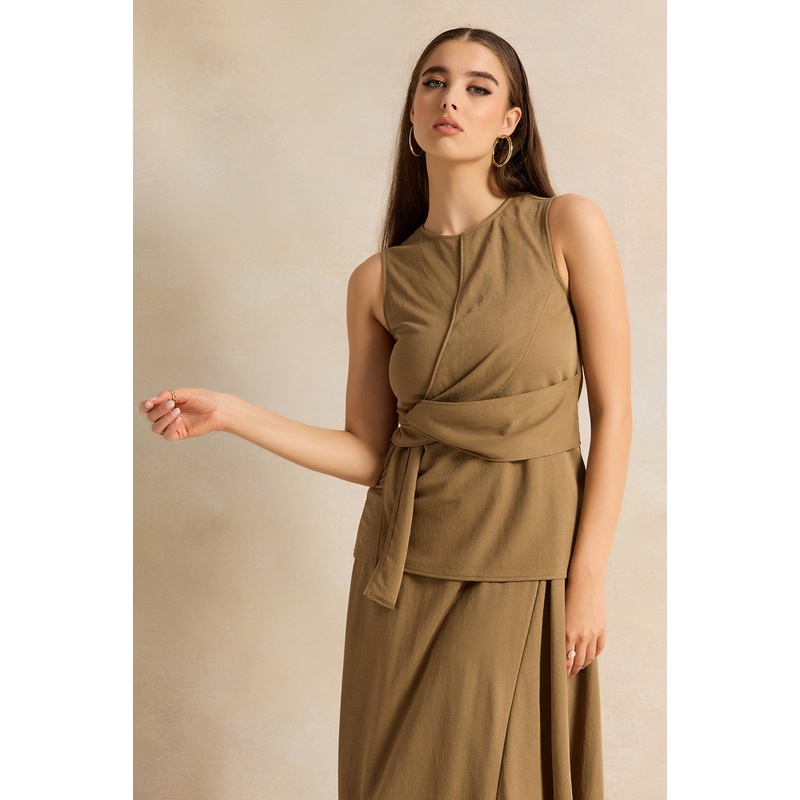 Women Brown Front Tie  Sleeveless Top
