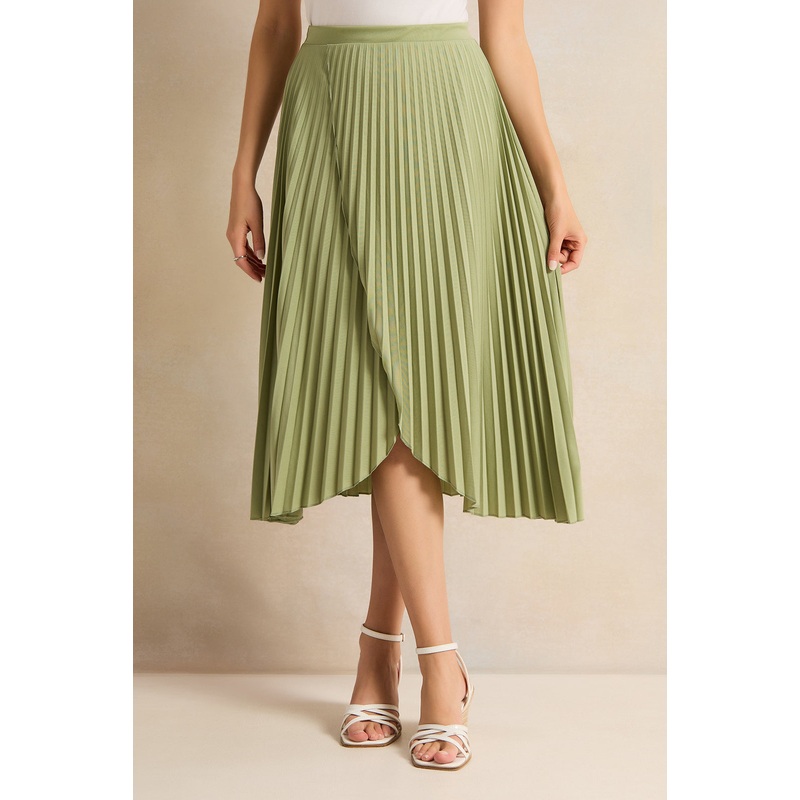 Women Green Pleat Detail Skirt