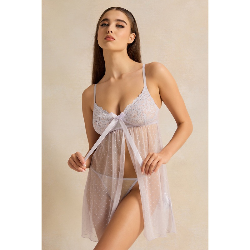 Women Grey  Mesh Babydoll With String (2 Piece)