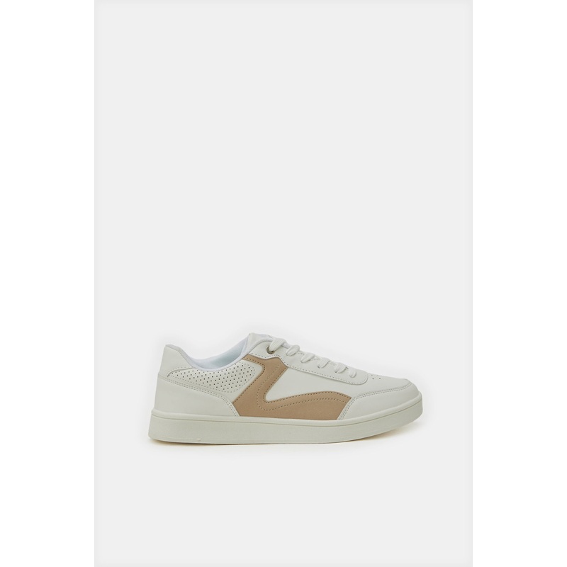 Women White And Beige  Lace Up Trainer