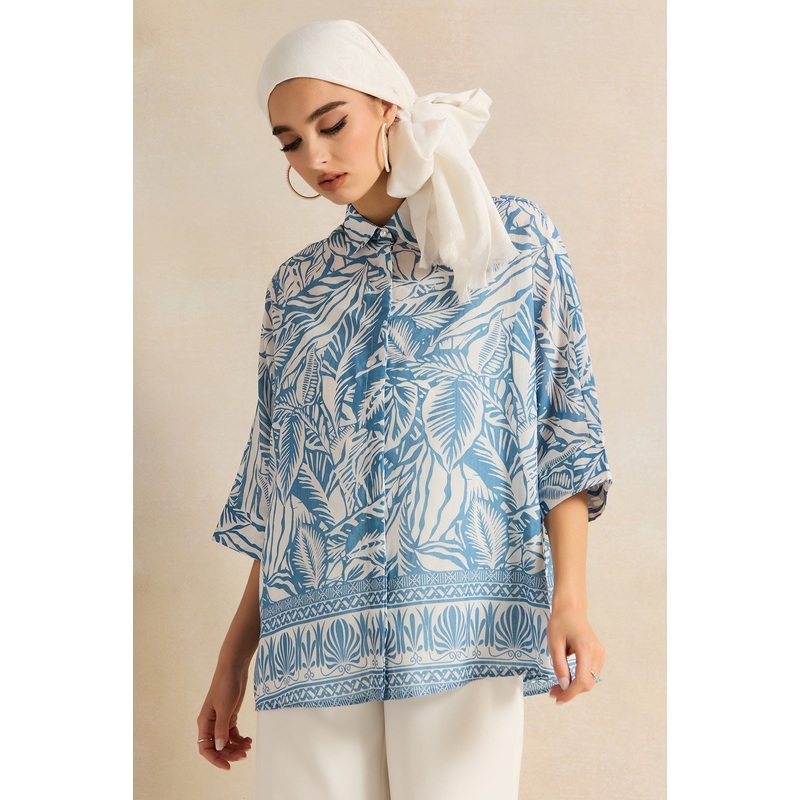 Women White And Blue Printed Collared Shirt