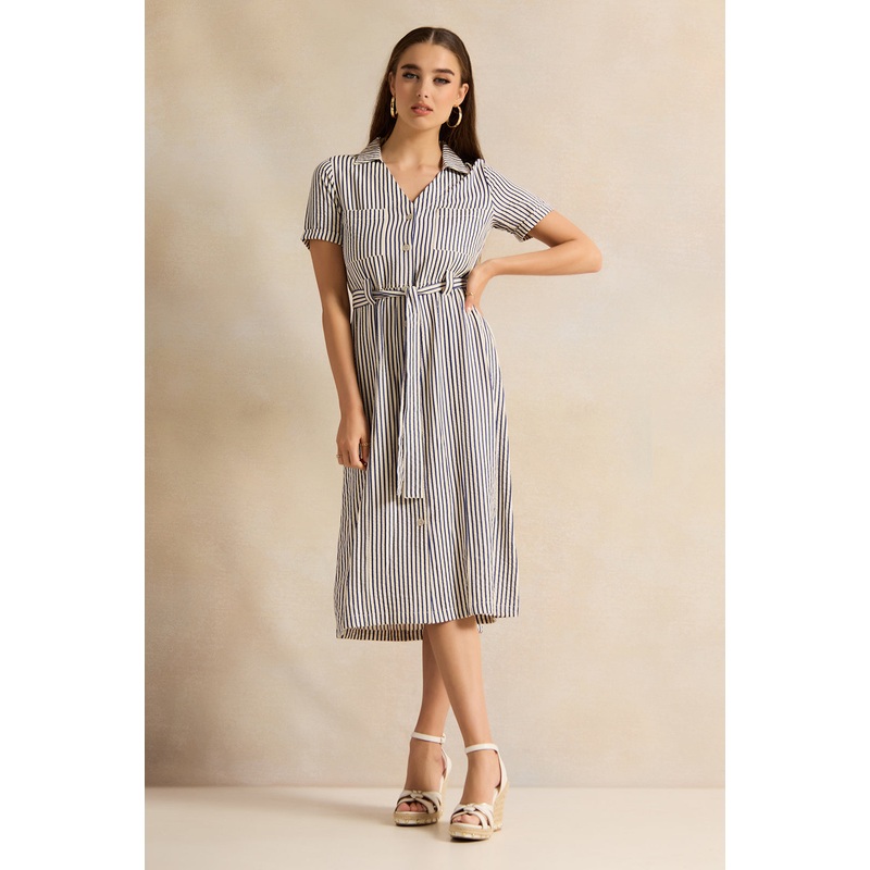 Women White Striped Striped Belted Shirt Dress