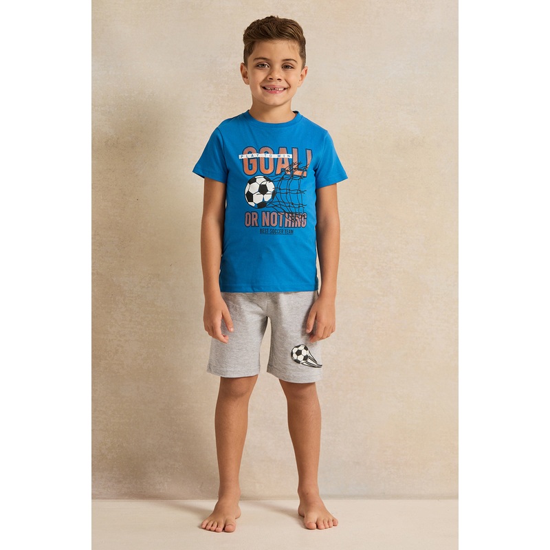 Boys Blue And Grey Printed Night Wear Set (2 Piece)