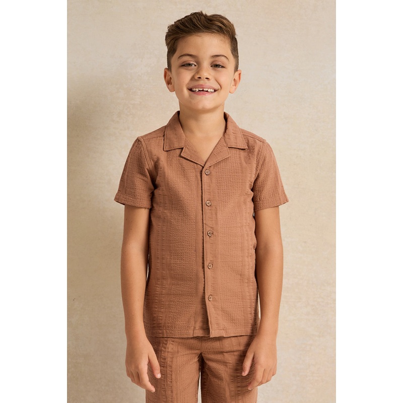 Boys Brown Set Short Sleeve Shirt With Shorts Set (2 Piece)
