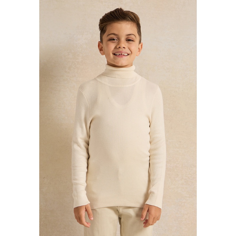 Boys Cream High Neck Plain Pullover